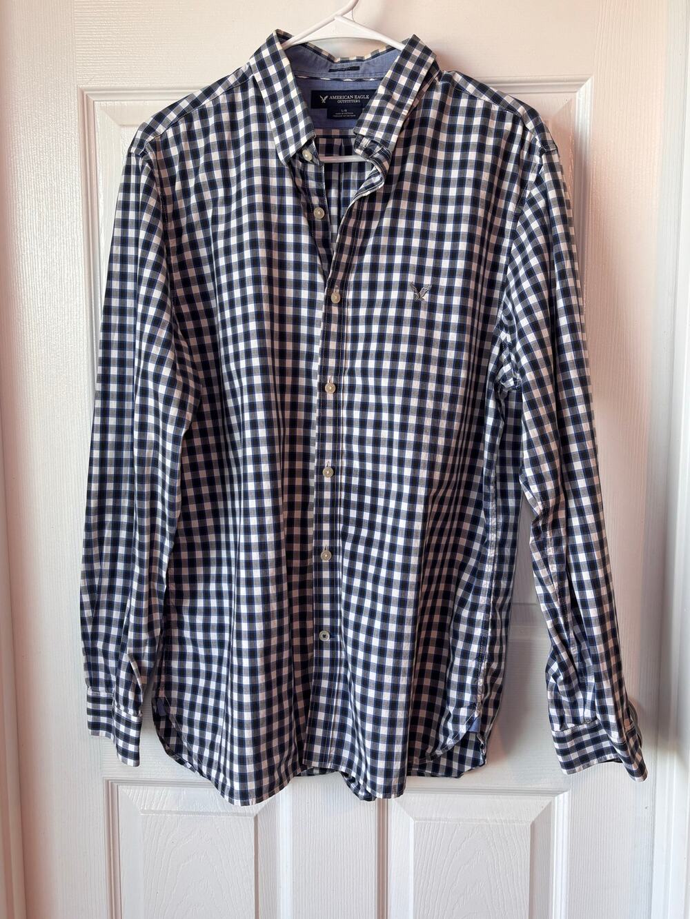 American Eagle Men’s Large Slim Fit Blue Plaid Button Down Shirt 100% Cotton